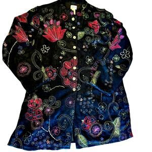 Chicos Size 2 Embroidered Floral Jacket Shacket Black Cotton Lined Boho